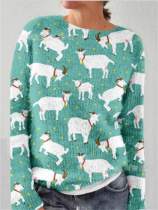 Women's Creative Long-Sleeve Hoodie Sweater with Animal Print Crew Neck