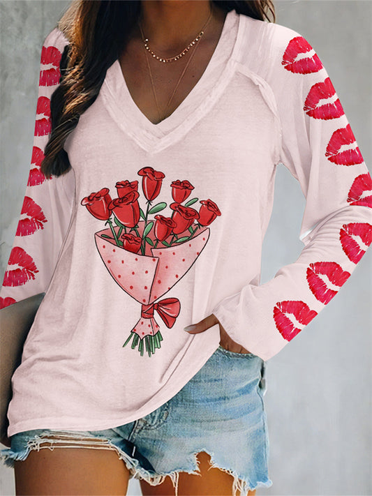 Valentine's Day Hot Spring New Digital Printing V Neck Long-sleeved Loose Ladies T-shirt