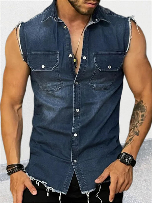 Denim T-shirt Men's Lapel Sleeveless Cardigan Tops Muscle Vests