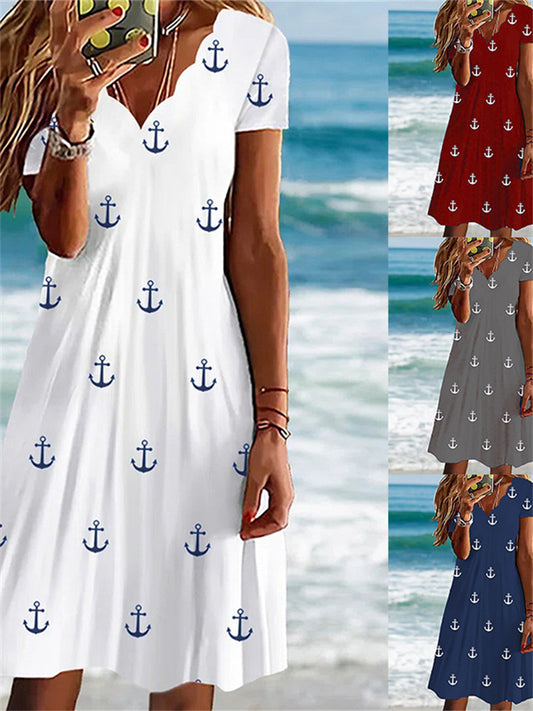 Women's Summer Hot Models Printed L Dress Slim Short-sleeved Wave Collar Comfortable Casual Printed A-line Dress S,M,L,XL,XXL,3XL,4XL,5XL