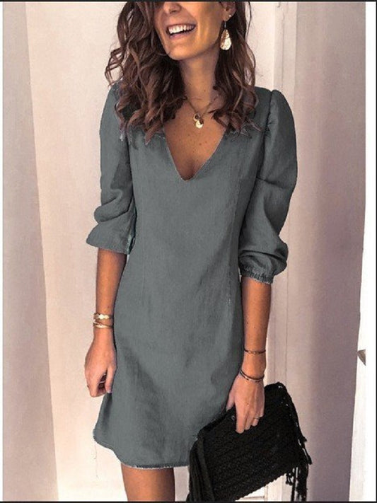V-neck Joker Casual Solid Color Dress