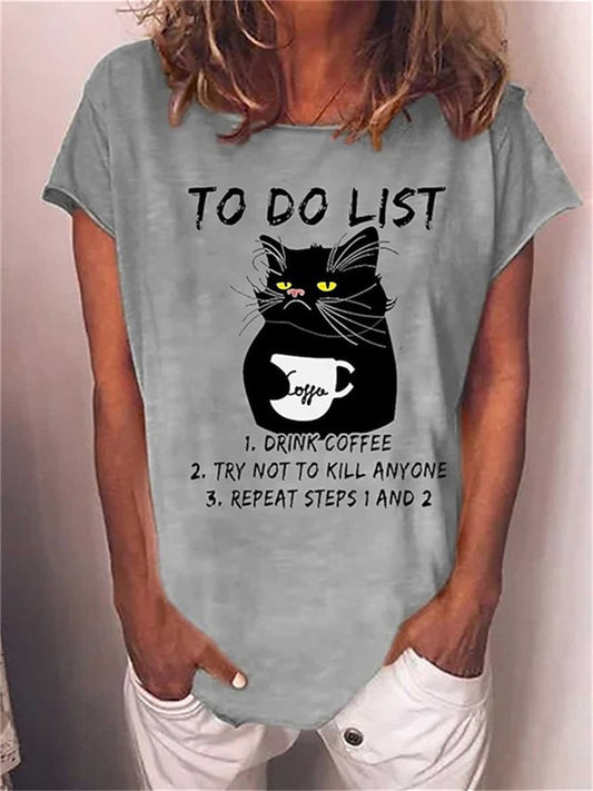 Women's Short-sleeved T-shirt Cats Drinking Coffee Letter Print Women's Tops Round Neck Loose Summer