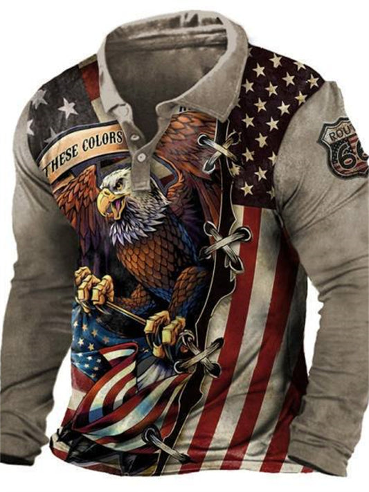 Men's Collar Polo Shirt Golf Shirt Animal Eagle National Flag Turndown Green Blue Purple Dark Gray Red 3D Print Outdoor Street Long Sleeve Button-Down Print Clothing Apparel Fashion Designer Casual