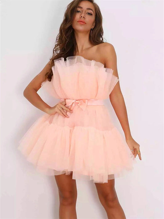 Women's Party Dress Corset Dress Short Mini Dress Black Pink Fuchsia Red Sleeveless Pure Color Backless Layered Mesh Spring Summer Strapless Party Personalized Stylish Party 2022 S M L XL XXL / Bow