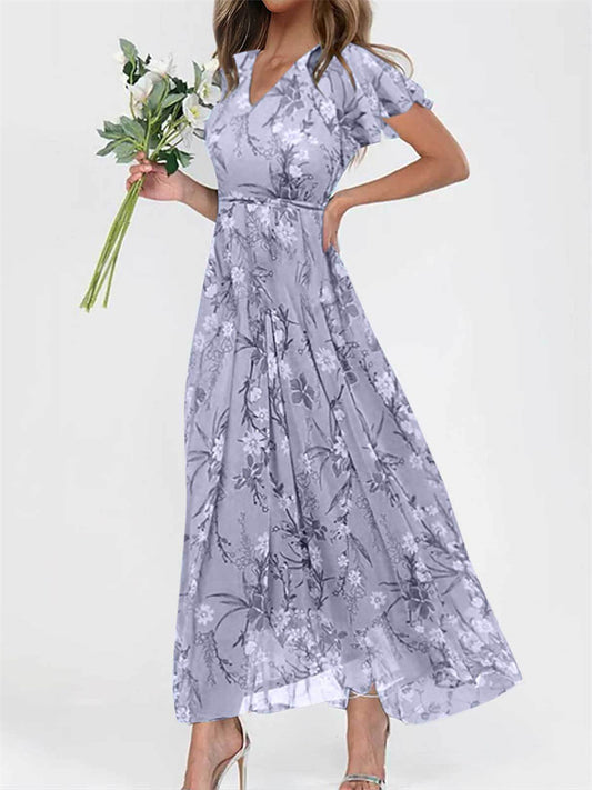 Explosive Dresses Plus Size Women's Fashion Sexy Dress Chiffon V-neck Printed Long Dresses