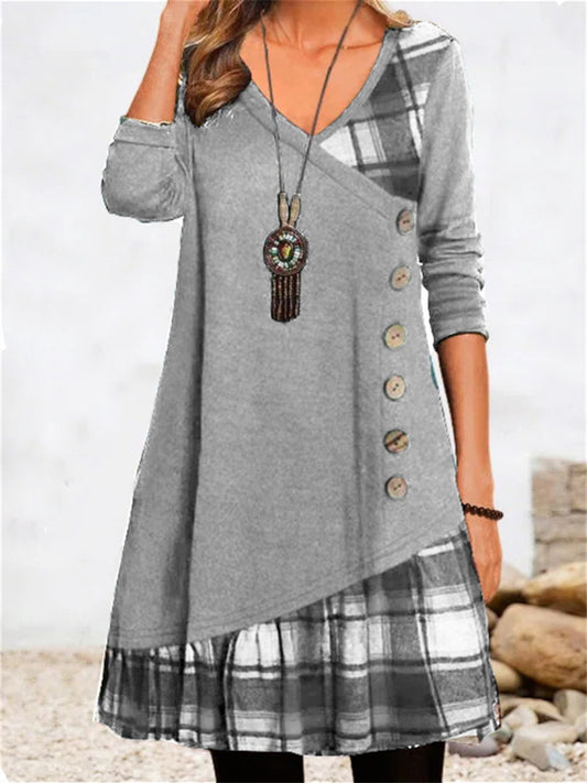 Women's Tartan Dress Casual Dress T Shirt Dress Tee Dress Mini Dress Dark Green 3/4 Length Sleeve Plaid Ruched Winter Fall Spring V Neck Modern Weekend 2022 S M L XL 2XL 3XL