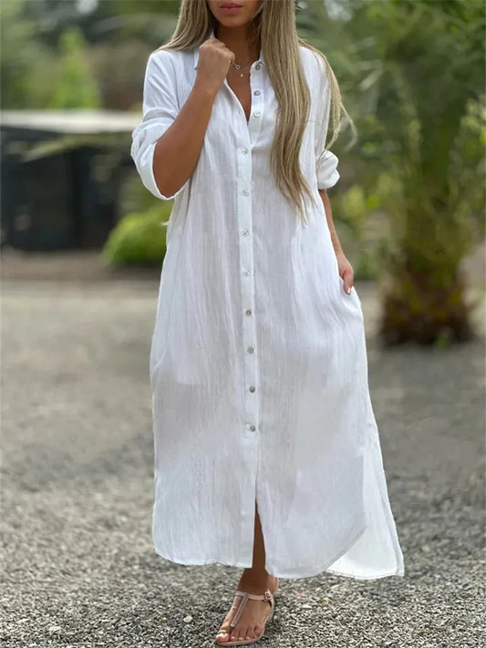 Women's Dresses Cotton Linen Shirt Dresses Long Skirt Fashion Casual Long-sleeved Cardigan Dress