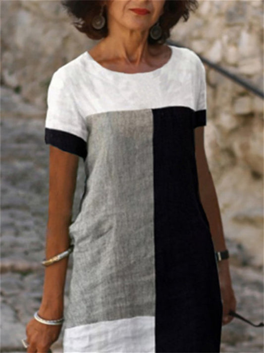 Women's Summer New Trend Personalized Bamboo Linen Check Print Round Neck Short-sleeved Casual Wind A-line Dress Dress