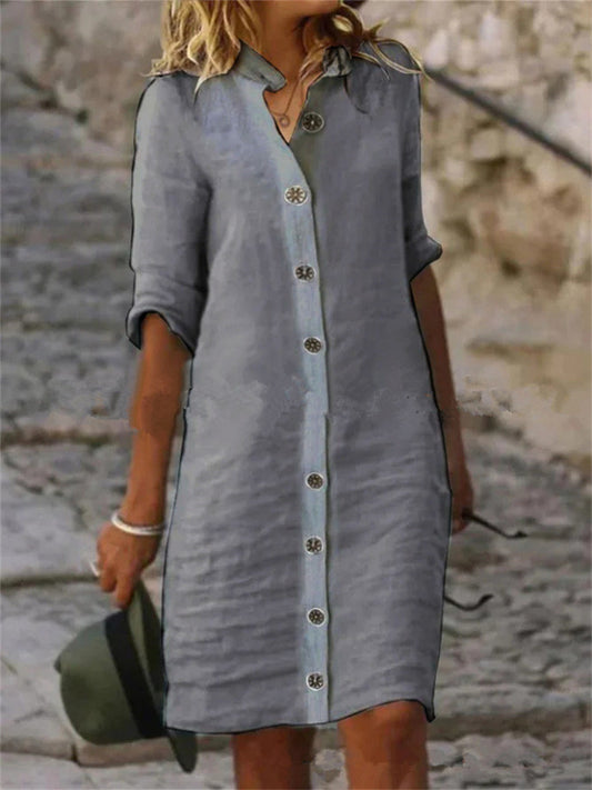 New Women's Summer Shirt Collar Medium-sleeved Large Round Button Cotton Dresses