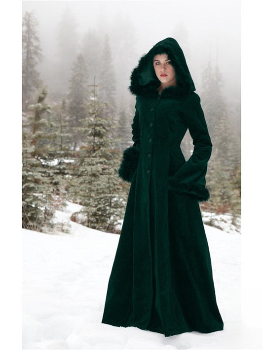 Cross-border foreign trade Europe and the United States retro fur collar hooded single-breasted solid color waist-trimming body big swing windbreaker coat coat female