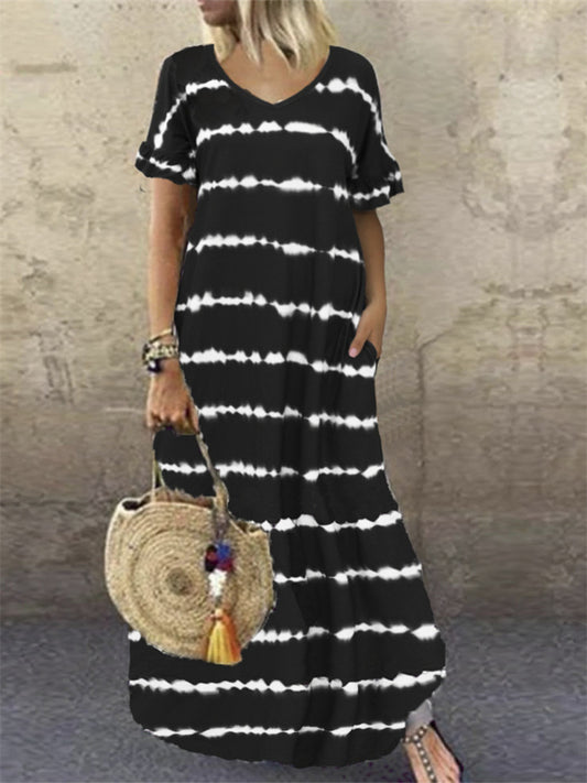 New Summer Dress V-neck Ruffled Sleeve Striped Print Long Skirt Plus Size Casual Dress