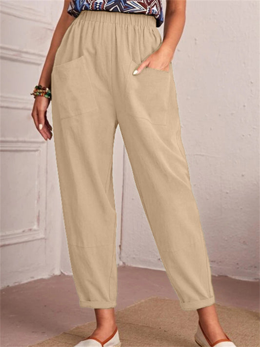 Women's New Cotton and Linen Nine-minute Trousers Elasticated Waist Casual Trousers Pocket Small Leg Trousers