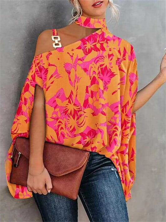 Summer Hanging Neck Bat Sleeve Printed Shirt Ladies Shirt Women