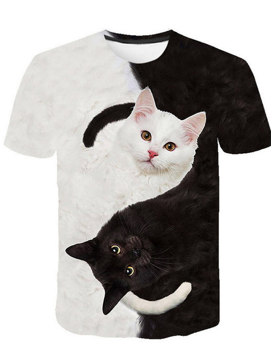 Black and White Cat Digital 3D Printing T-shirt Round Neck Short Sleeve Top S M L XL 2XL 3XL 4XL 5XL
