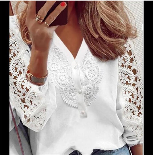 Women's Blouse Plain Casual Daily Work Blouse Shirt Long Sleeve Lace V Neck Basic Vintage White