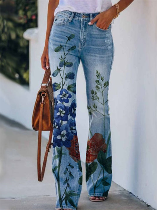 Women's European-Style Casual Pants Floral Print Slim-Fit Slightly Flared Trousers