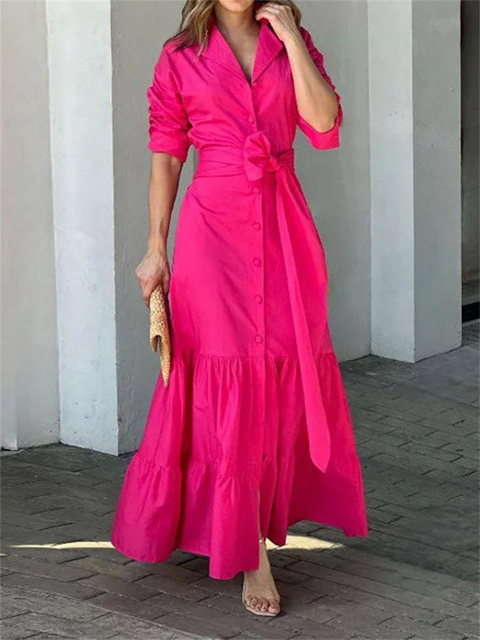 Solid Color Lapel Belt Long Dress