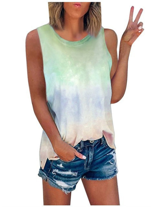 Summer New Round Neck Women's Tie-dye Print Short-sleeved Strapless Sexy Casual Pullover T-shirt Loose Type Top