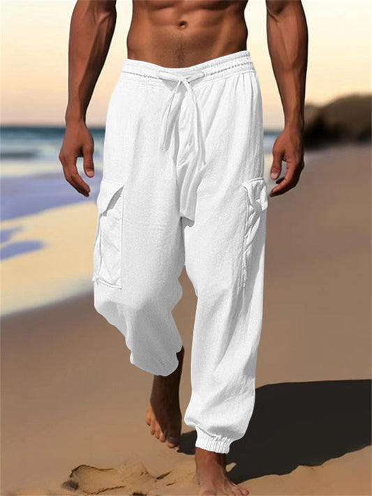 Men's Summer and Autumn Cotton and Linen Casual Tie Rope Solid Color Loose Large Size Work Pants