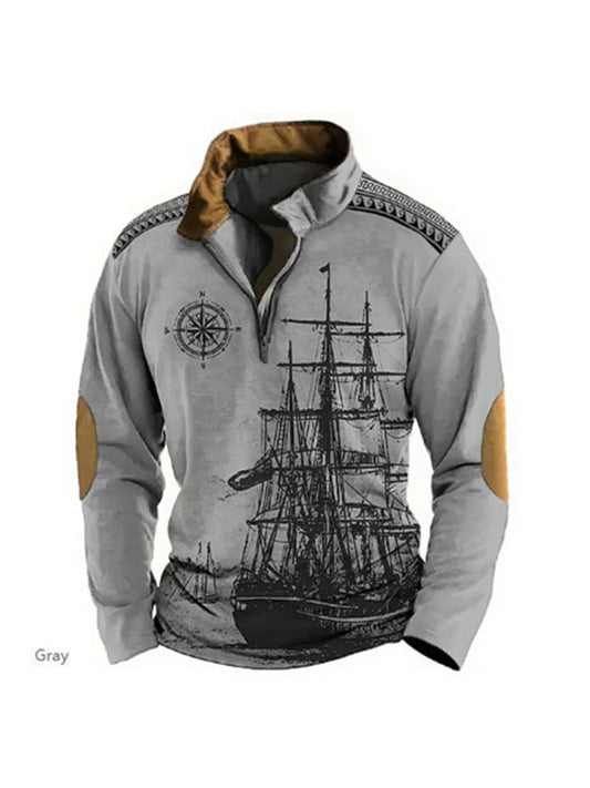 Loose Pullover Standing Collar Long Sleeve Half Zipper Sweatshirt Ethnic Style 3d Printed Half Zipper Sweatshirt Men Sweatshirt