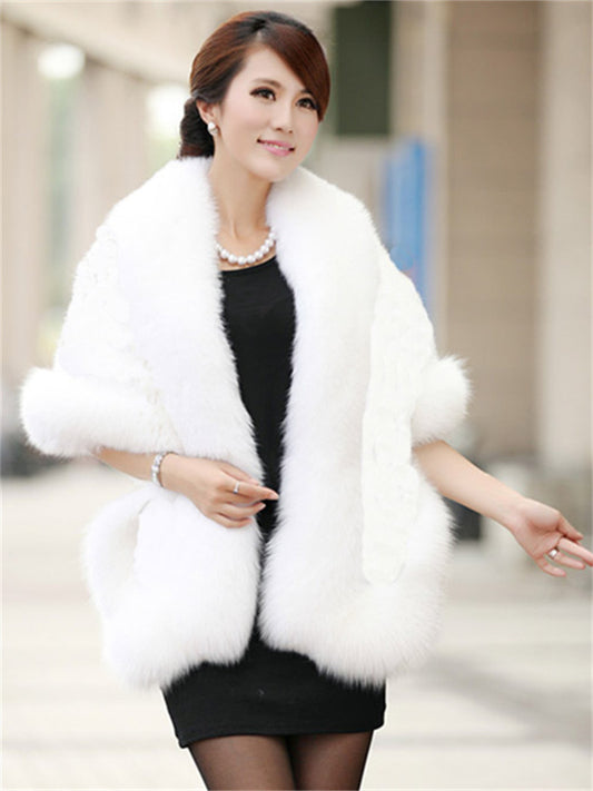 Women's Coat Cloak / Capes Wedding Daily Winter Fall Regular Coat V Neck Regular Fit Windproof Warm Basic Jacket Half Sleeve Neutral Faux Fur Trim Black Red Gray / Lined