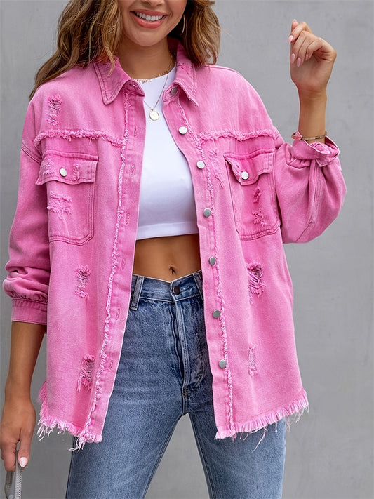 New Denim Jacket Women Solid Color Loose Jacket Holes Long-sleeved Women's Denim Shirt