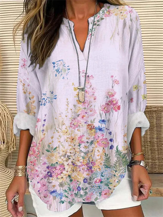 Big Size Women's Summer Small V-neck Long Sleeve Crushed Flower Casual Long Sleeve T-shirt