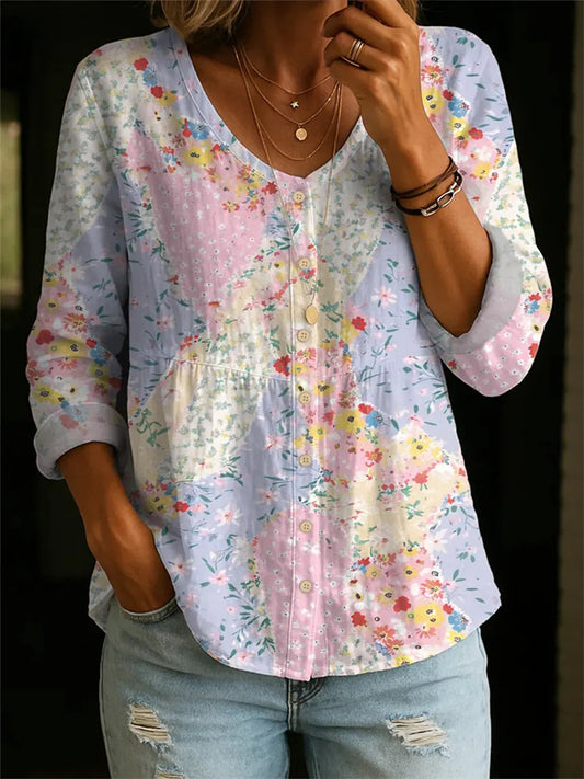 New Arrival Women's Round Neck Floral 3D Print 3/4 Sleeve Shirt