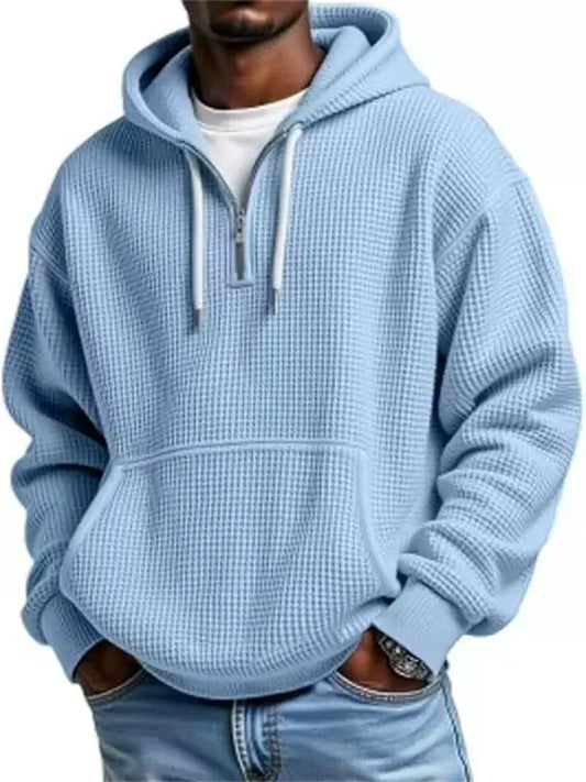 New Arrival Waffle Weave Long Sleeve Hooded Sweatshirt for Men - Solid Color Loose-Fit Athletic Sweatshirt