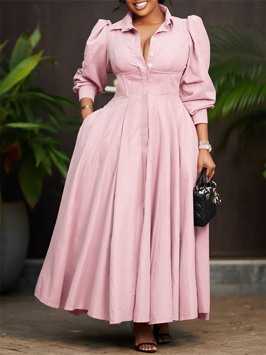 Women's Elegant Long-Sleeve Wide-Skirted Shirt Dress Fashionable Solid Color Midi Dress