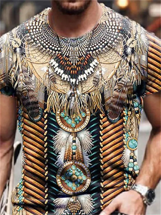 Men's Unisex T shirt Tee Tribal Graphic Prints Crew Neck Brown 3D Print Outdoor Street Short Sleeve Print Clothing Apparel Sports Casual Big and Tall / Summer / Summer