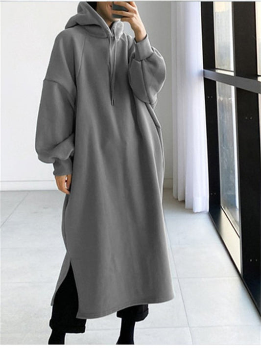 Autumn and Winter Solid Color Fashion Fleece Medium-length Section Hedging Temperament Commuting Leisure Hooded Sweater Long Skirt