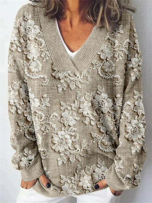 New Floral Print Women's Sweater with Deep V-Neck and Loose Fit