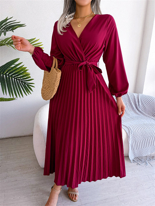 Women's Solid Color Long-sleeved Tie Temperament Cross V-neck Swing Pleated Long Dresses