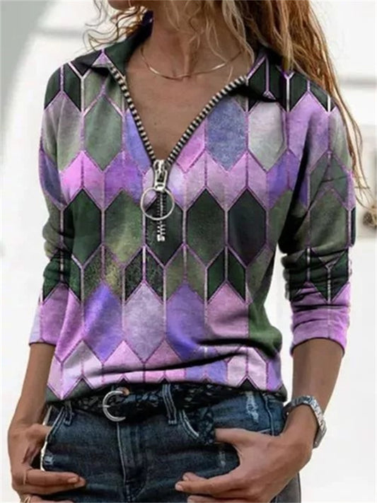 Women's T shirt Tee Green Blue Purple Color Block Graphic Prints Quarter Zip Print Long Sleeve Daily Basic V Neck Regular S / Shirt Collar