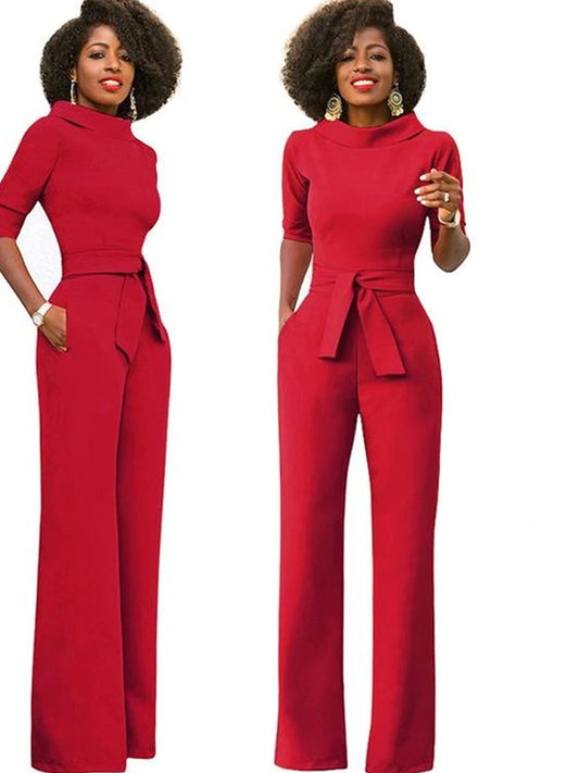 New Fashion Women's Solid Color Lapel Five-point Sleeve High Waist Wide Leg Jumpsuit