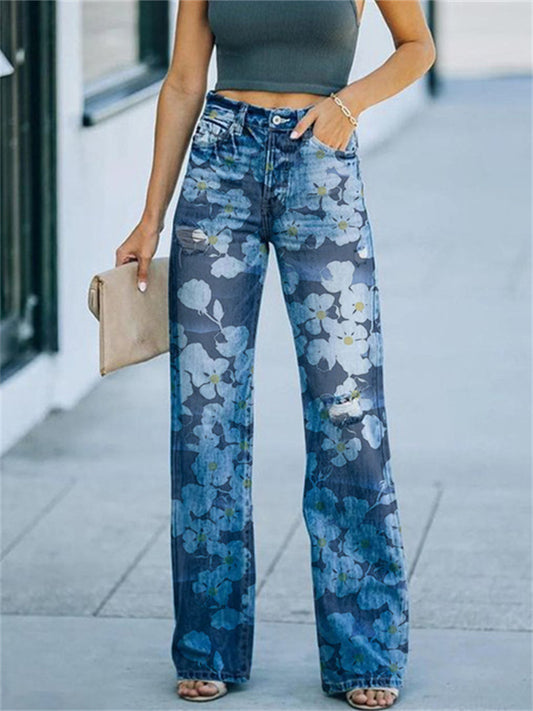 Women's Lightweight Printed Denim Wide-Leg Casua