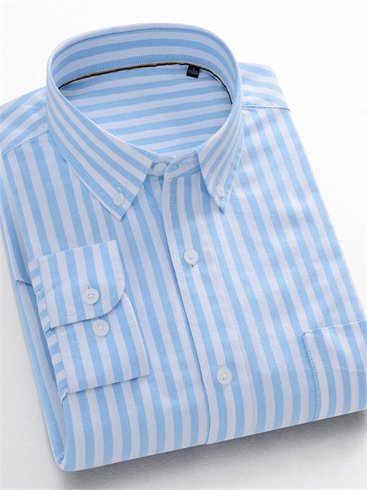 Men's New Striped Shirt Cotton Oxford Textile Wrinkle Casual Striped Long-sleeved Shirt