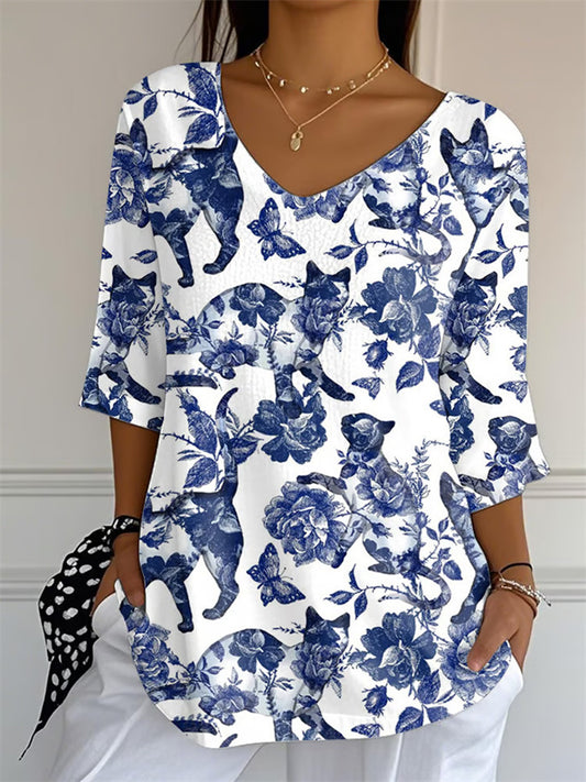 New 3D Printed Women's Fashion Floral V-Neck Shirt Top for Summer