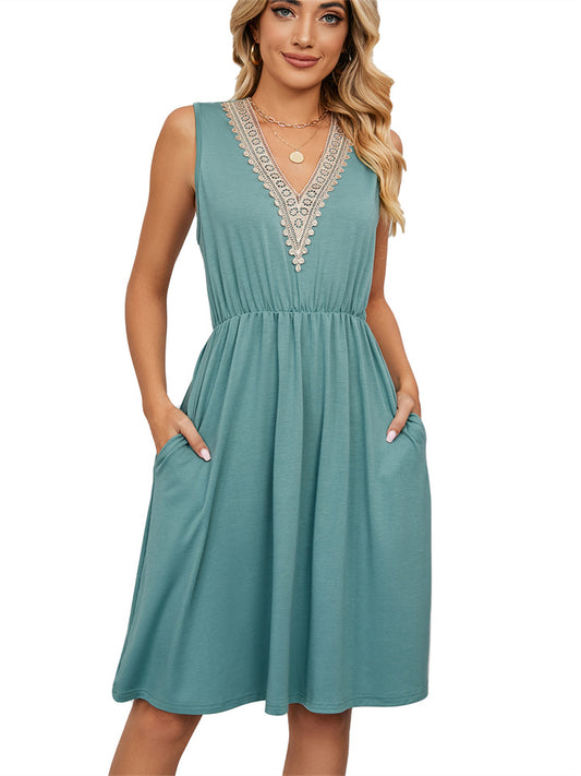 Women's Summer Solid Color V-neck Lace-trimmed Sleeveless Fitted Midi Dress