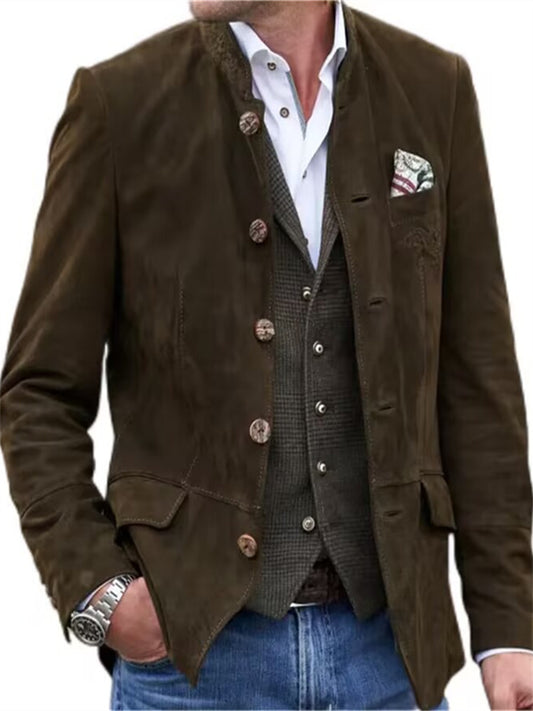 Men's New Suede Jacket Button Collar Men's Casual Solid Color Coat