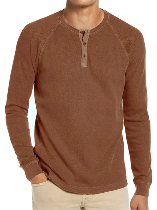 Solid color Slim pullover shoulder sleeve men's long-sleeved t-shirt men's bottom shirt men's round neck waffle Henley shirt