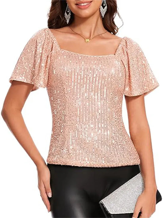 Women's Square Neck Fashion Short-sleeved Sequins Bubble Sleeve Fashion Shirt