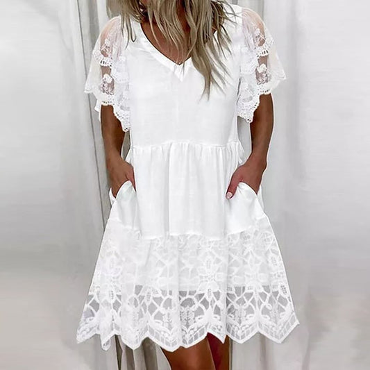 Spring and Summer Solid Lace Patchwork Lace 3 / 4 Sleeve Medium Length Dress