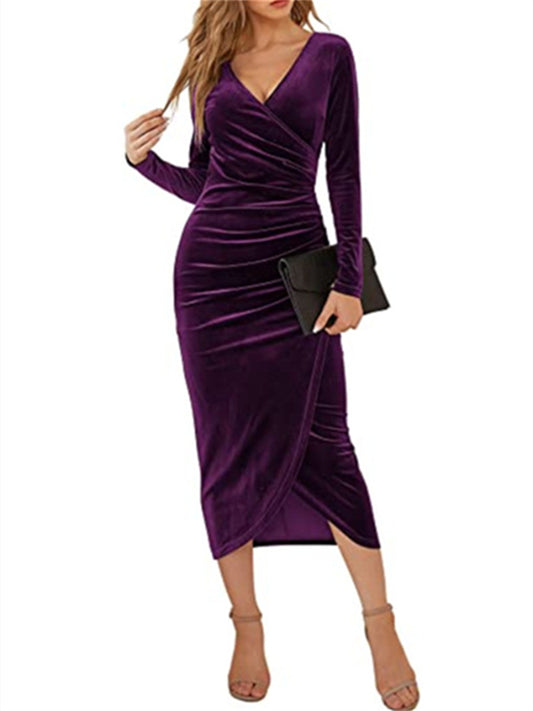 Women‘s Party Dress Velvet Dress Red Midi Dress Purple Wine Long Sleeve Pure Color Ruched Split Velvet Fall Spring V Neck Party Elegant Party Fall Dress S M L XL Winter Dress