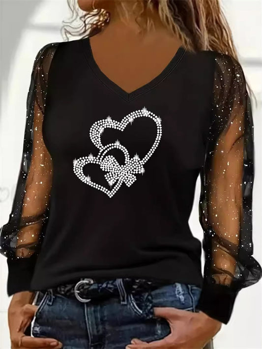 New Women's Rhinestone Heart Mesh Long-Sleeve T-shirt