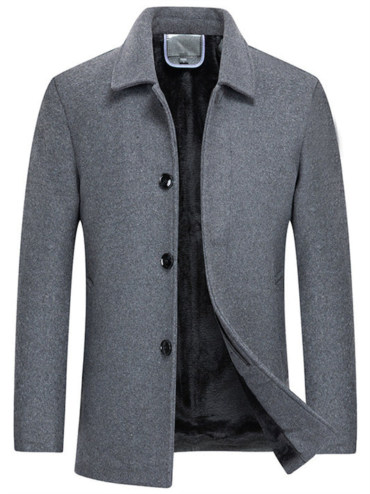 New Fall/Winter Men's Business Wool Coat - Fashionable Fleece-Lined Thickened Woolen Men's Outerwear - Notched Lapel Wool Coat