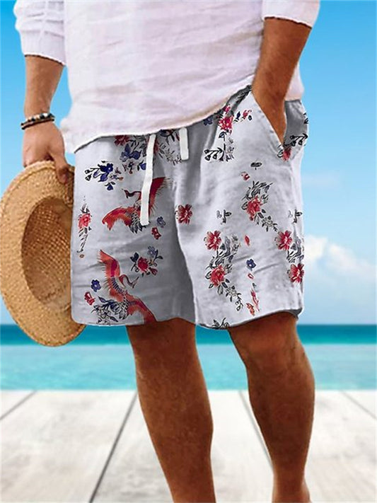 Men's Beach Drawstring Casual Shorts Blue Red Floral Pattern 3D Printed