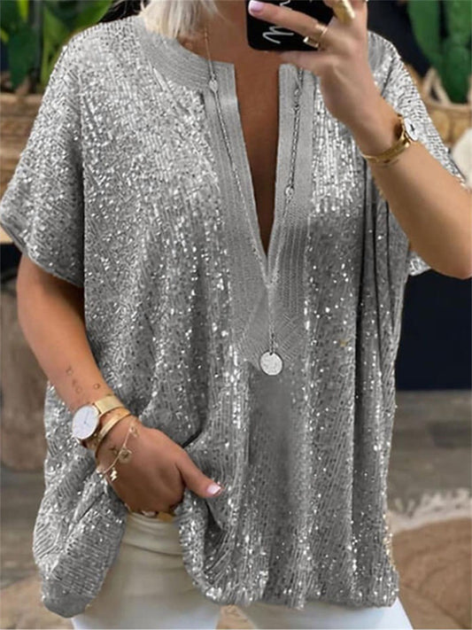 Women's Plus Size Curve Tops Blouse Shirt Plain Sequins Half Sleeve V Neck Daily Vacation Spring Summer Gold