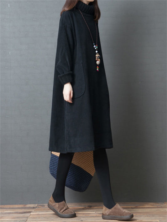 Temperament Corduroy High Neck Medium Long Loose Dress